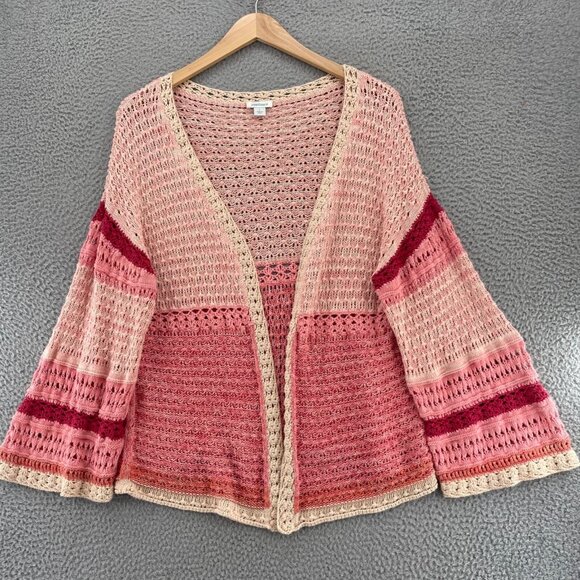 Sundance Sweater Large Pink Striped Loose Knit Crochet Cardigan Open Everyday - Picture 1 of 11